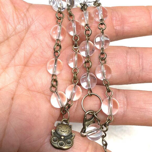 Genuine Clear Quartz Short Necklace, Cute Bronze Fortune Cat + Natural Gemstone - Picture 16 of 16